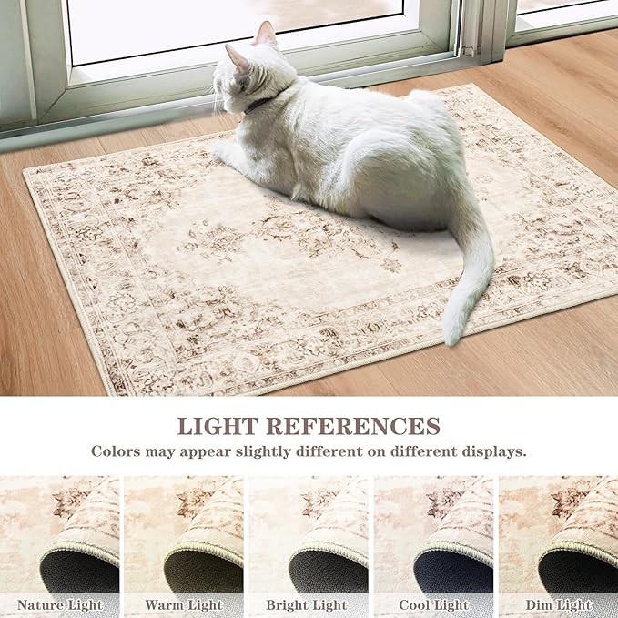 Area Rug 6x9, Washable Rug for Living Room, Large Area Rugs for Bedroom, Vintage Rug 6x9 for Dining Room, Non Slip Soft Low Pile Indoor Carpet for Kitchen, Nursery, Office, Farmhouse, Beige