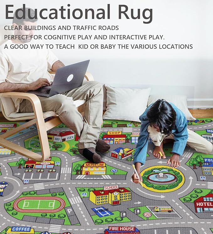 Kids Rug 6'6" x 5'0" City Life Playmat Area Rug Car City Map Washable Traffic Road Educational Learning Nursery Rug Carpet for Children Playroom Living Room Bedroom Classroom Decor Green
