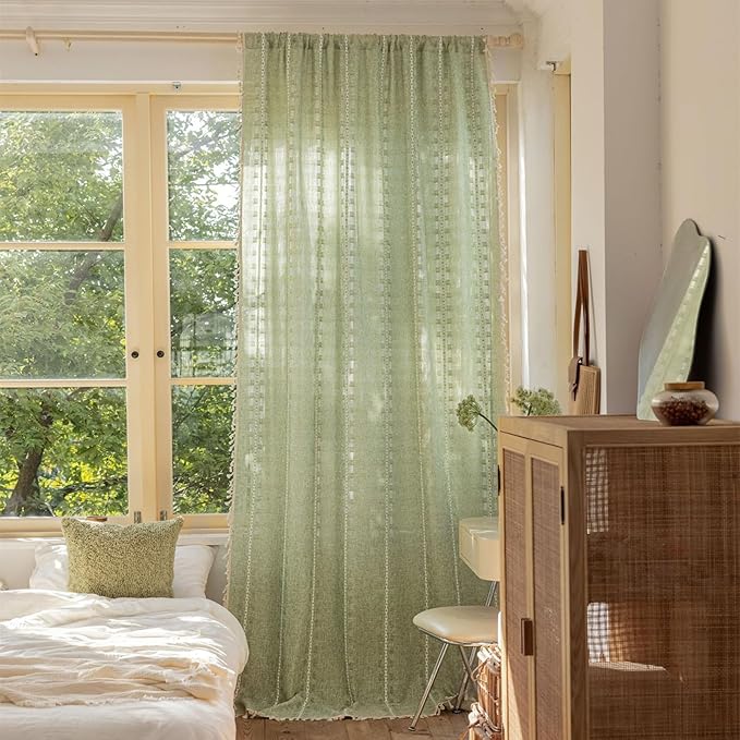 Deeprove Boho Curtain 63 inches Length for Living Room Bedroom Nursery, Retro Casual Bohemian Sheer 63 inches Long Stripe Embroidery Privacy Window Tassel Xmas Decor W52 x L63, 1 Panel Sage Green