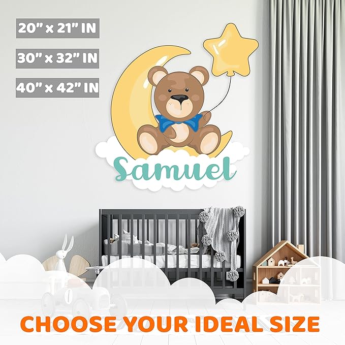 Custom Name Cute Bear Clouds Moon and Star I Wall Decal for Bedroom I Wall Decoration for Baby Room I Wall Stickers for Baby Boy & Girl I Multiple Customization Options