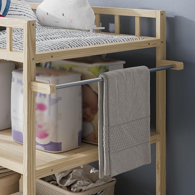 Paintless Pine Wood Baby Changing Table with Storage Shelves, Portable Nursery Diaper Changing Station for Infants, Children's Room, Bedroom, Nursery Changing & Dressing Furniture,Natural