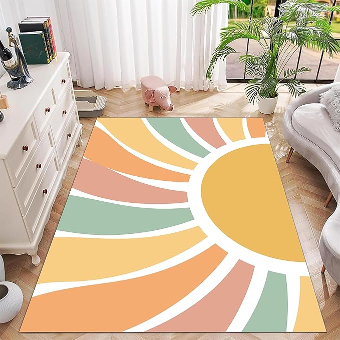 Machine Washable Rainbow Rugs Bedroom Fluffy Plush Soft Area Rugs Rainbow Sunshine Sun Print Living Room Non-Slip Indoor Flooring Kids Girls Boys Home Decor Aesthetics 6x9ft