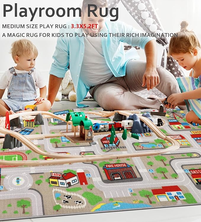 Kids Carpet Playmat Rug 5'2''x3'3'', Kids Rugs for Bedroom, Non-Slip Town City Road Map Car Rugs for Kids Toy Cars, Track Carpet Play Rug for Playroom Classroom Decor (Tan)