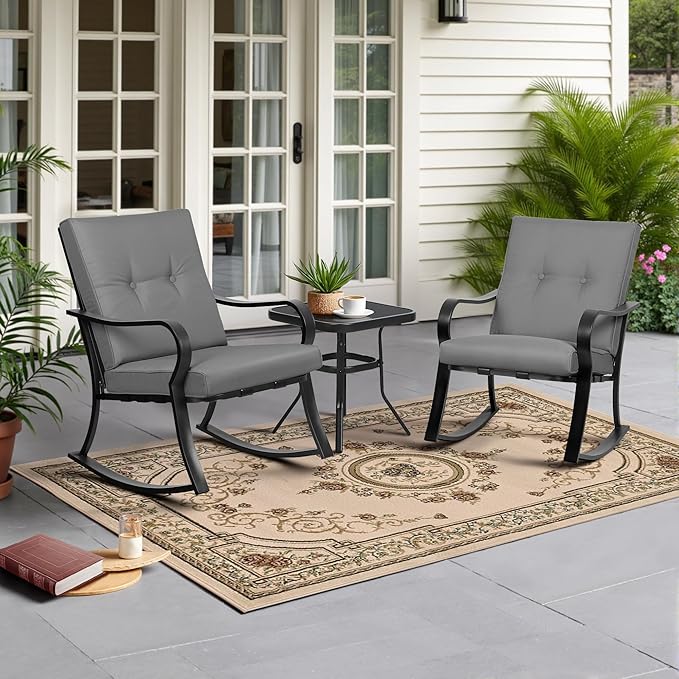 SUNCROWN Outdoor 3-Piece Rocking Chairs Patio Bistro Set Black Steel Furniture with Thickened Cushion and Glass-Top Coffee Table, Grey