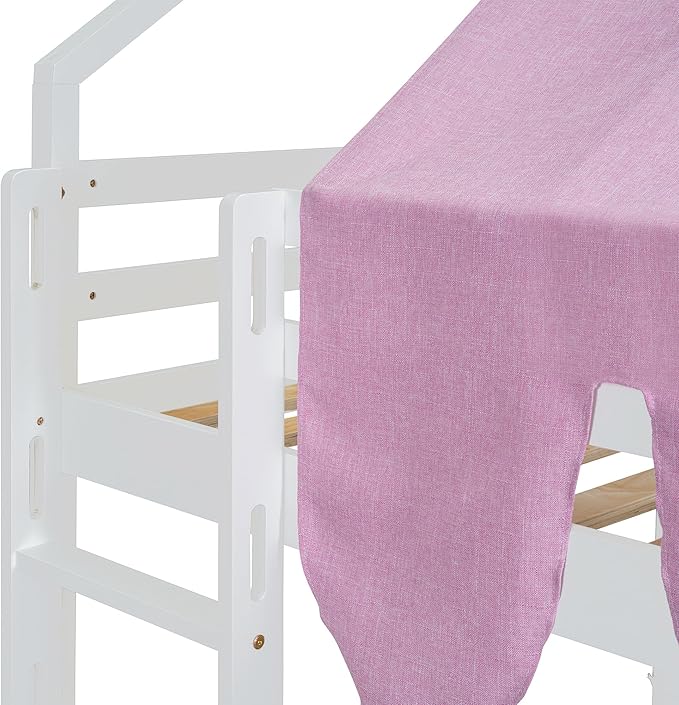 Playhouse Design Full Size Wood Loft Bed with Slide and Tent, Low Loft House Bed Frame with Storage Shelves and Removable Car-Shaped Staircase for Kids Teens Boys Girls Bedroom (White-PT)