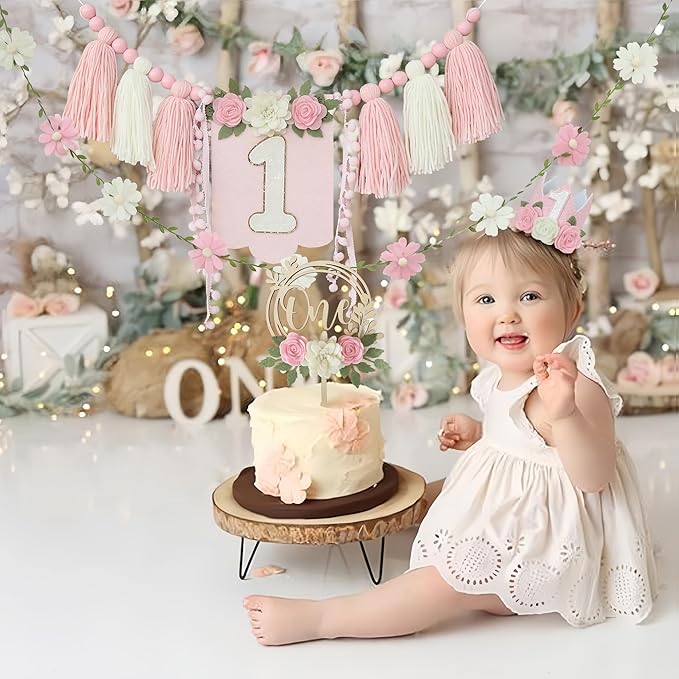Wildflower First High Chair Banner Birthday Decorations For Girl One Flower Cake Topper Floral Hat 1st Birthday Decoration Supplies