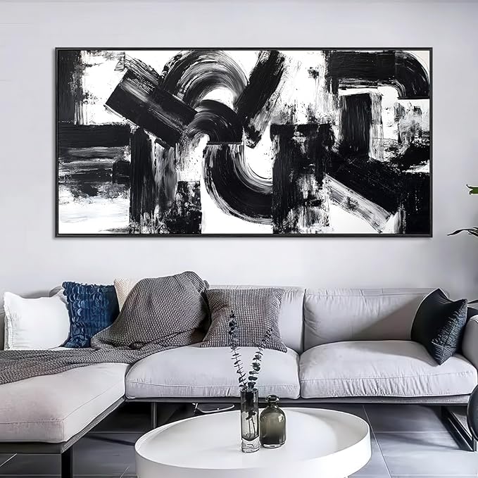 Framed Large Abstract Canvas Wall Art for Living Room, Neutral Black White Modern Art Prints, Minimalist Black Geometric Curves & Blocks Pictures Painting Artwork for Bedroom Office Wall Decor 20"x40"
