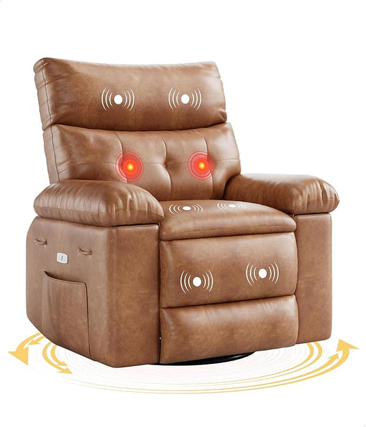 GarveeHome Power Rocker Swivel Recliner Chair - Heat and Massage, PU Leather Electric Glider Rocking Chair with USB Port, Glider Recliner Nursery Chair for Living Room, Bedroom, Nursery