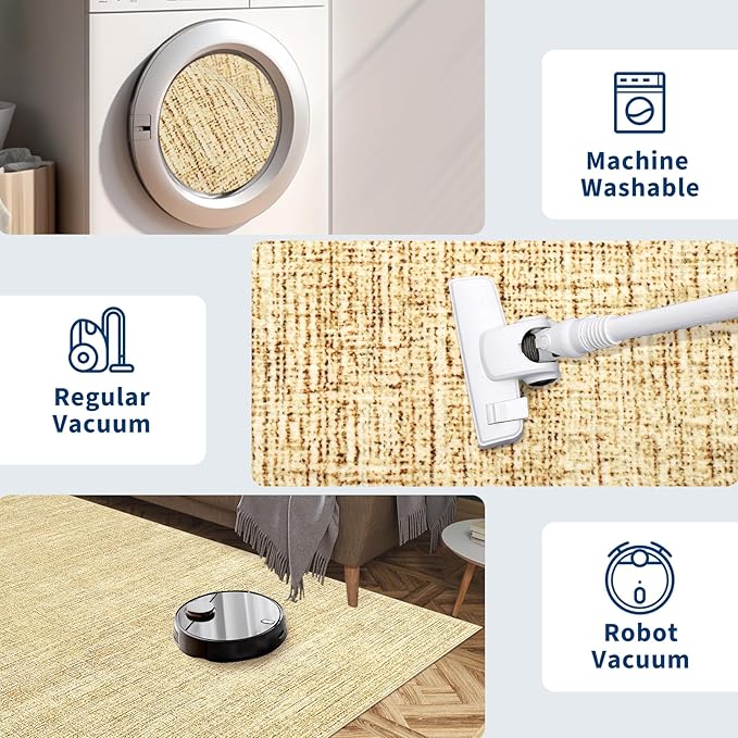 5x7 Washable Rugs Non Slip Minimalist Area Rug for Bedroom Soft Low Pile Solid Color Large Bedroom Throw Carpet Stain Resistant Classic Neutral Area Rug Plain Boho Rugs for Kitchen Nursery, Tan 5'x7'