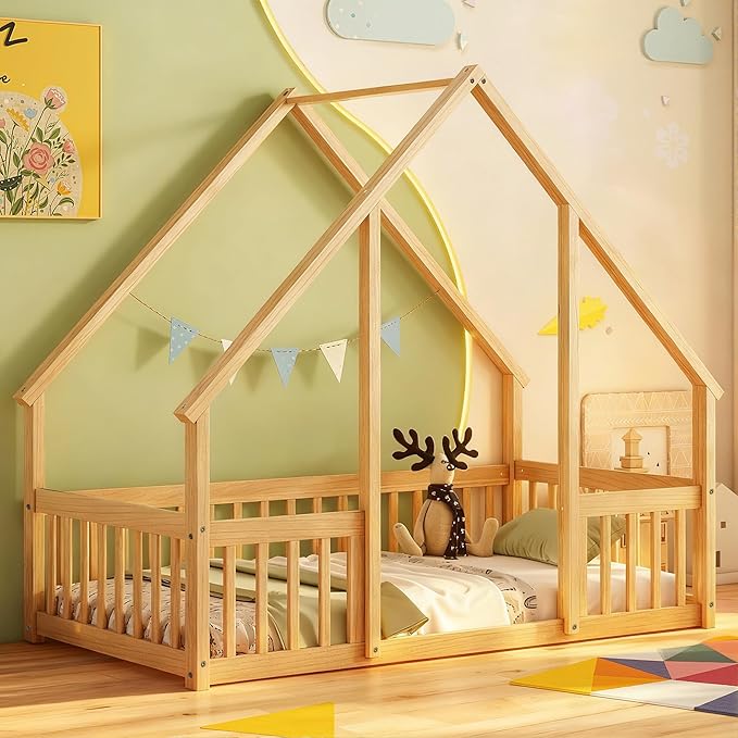Casaphoria Twin Size House-Shaped Montessori Bedframe, Solid Pine Wood Kids Bed Frame, Toddler Floor Bed with Door & Fence for 1-3 Years Old Kids, Natural
