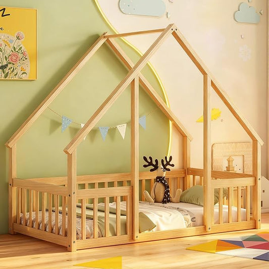 Casaphoria Twin Size House-Shaped Montessori Bedframe, Solid Pine Wood Kids Bed Frame, Toddler Floor Bed with Door & Fence for 1-3 Years Old Kids, Natural