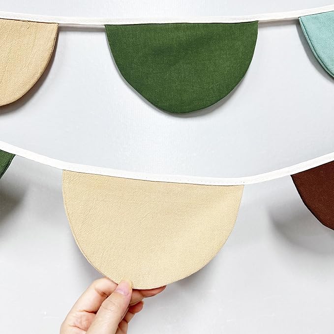 2 Sets of Green Brown Beige Half Round Banner 24Pcs Flags Nursery Garland Fabric Semicircle Streamers for Kids Jungle Safari Woodland Camping Birthday Baby Shower Party Decorations Baby Room Decor