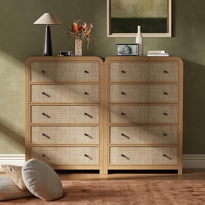 Oak&Sparrow 5 Drawer Tall Dresser for Bedroom, 47'' Rattan Dresser with Ample Storage, Boho Chest of Drawers, Thickened Curved Profile Design, Oak Dressers for Bedroom, Living Room