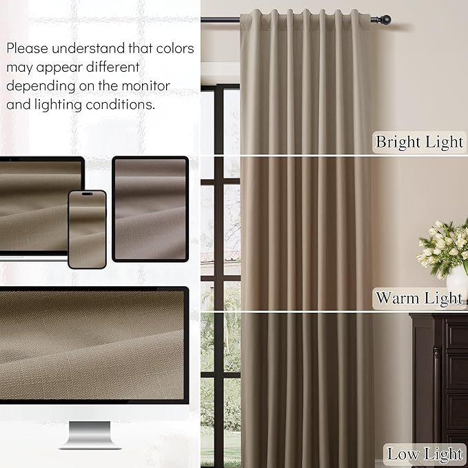 Guken Light Camel Linen Black Out Curtains for Bedroom 102 Inch Length 2 Panels Textured Nature 100% Blackout Thermal Insulated Soundproof Patio Curtains for Sliding Door Light Tan 52x102 10Ft