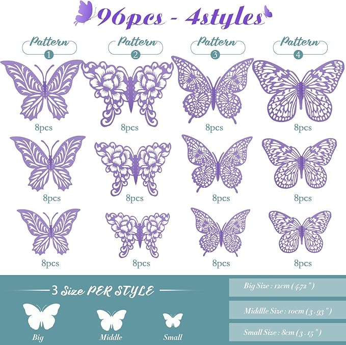 3D Gold Butterfly Wall Decor 3 Sizes 4 Styles Butterfly Party Decorations Cake Decorations Removable Stickers Wall Decor Room Mural Metallic Kids (Purple, 96Pcs)