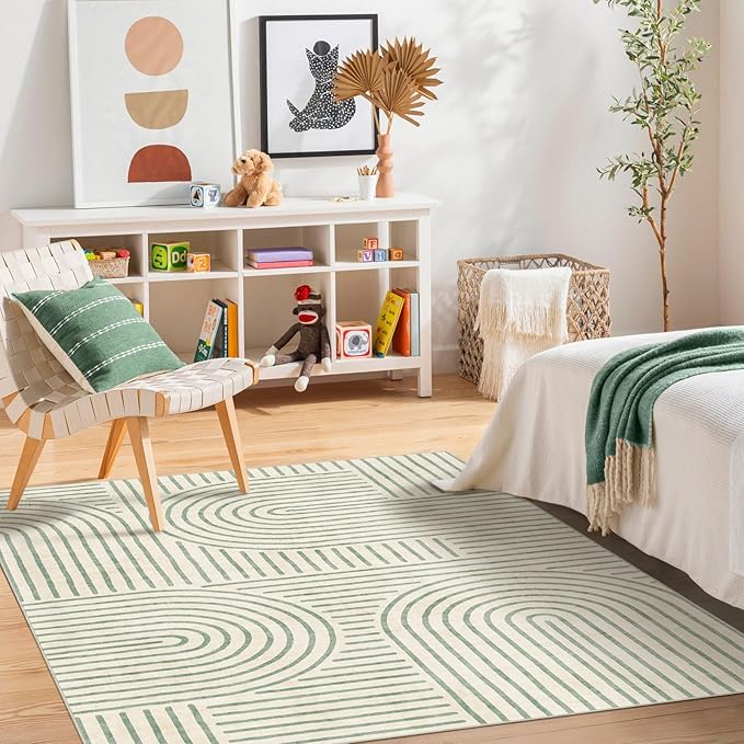 Washable Area Rug 5x7 - Boho Living Room Rug Soft Indoor Carpet Ultra-Thin Sage Green Modern Abstract Rainbow Rugs for Bedroom Dining Room Nursery Classroom Home Decor
