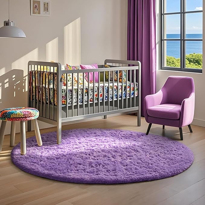 Ophanie Round Rugs 5Ft Purple Circle Area Rug, Cute Room Decor for Teen Girls, Fluffy Fuzzy Bedroom Carpet, Plush Soft Shaggy Living Room Rugs for Kids Home Decor Aesthetic, Nursery