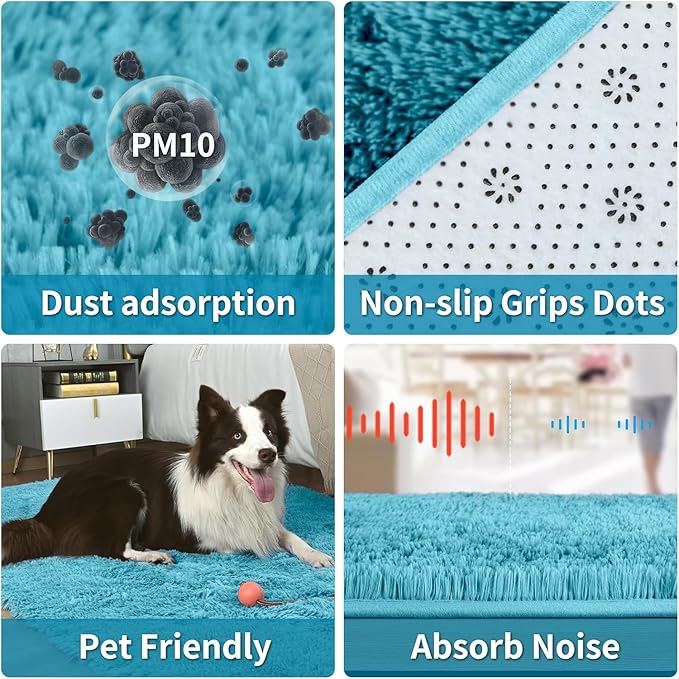 Merelax Soft Modern Indoor Large Shaggy Rug for Livingroom Bedroom Dorm Kids Room Home Decorative, Non-Slip Plush Fluffy Furry Fur Area Rugs Comfy Nursery Accent Floor Carpet 8x10 Feet, Teal