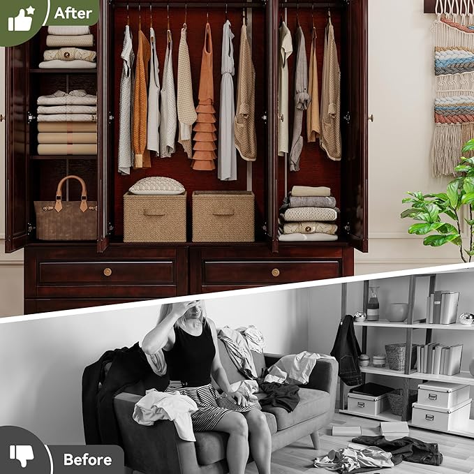 Solid Wood Armoire:4 Doors Wardrobe Closet with Mirror Drawers and Hanging Rod,Storage Cabinet Clothes Organizer for Bedroom Brown Black