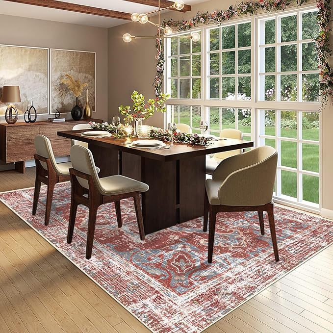 Vhong Vintage Area Rugs Boho Washable Neutral Modern Brick Red Burgundy 5x7 Non Slip Carpet for Living Room Dining Room Bedroom