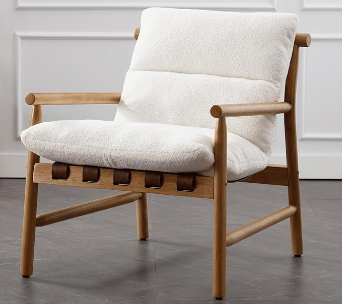 White Sherpa Accent Chair Mid Century Modern Living Room Chairs Comfy Arm Chair w/Solid Wood Legs Boucle Upholstered Lounge Side Chair for Bedroom/Reading/Sofa/Bedside