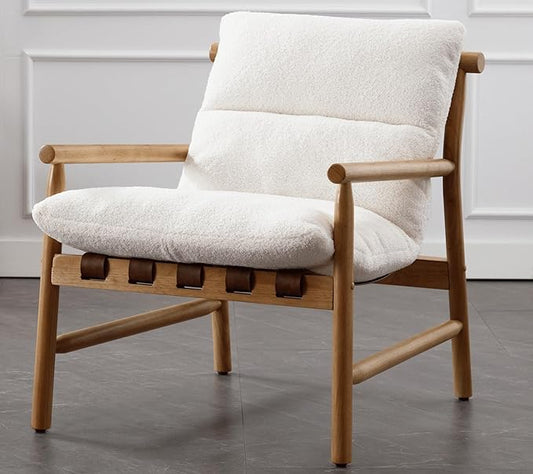 White Sherpa Accent Chair Mid Century Modern Living Room Chairs Comfy Arm Chair w/Solid Wood Legs Boucle Upholstered Lounge Side Chair for Bedroom/Reading/Sofa/Bedside