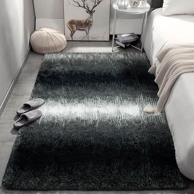Meralax Area Rugs for Living Room Bedroom, Gradient Black 5x8 Feet Soft Fluffy Shaggy Bedside Rug, Machine Washable Indoor Floor Carpet for Kids Boys, Dorms, Nursery Rooms, Home Decor Aesthetic
