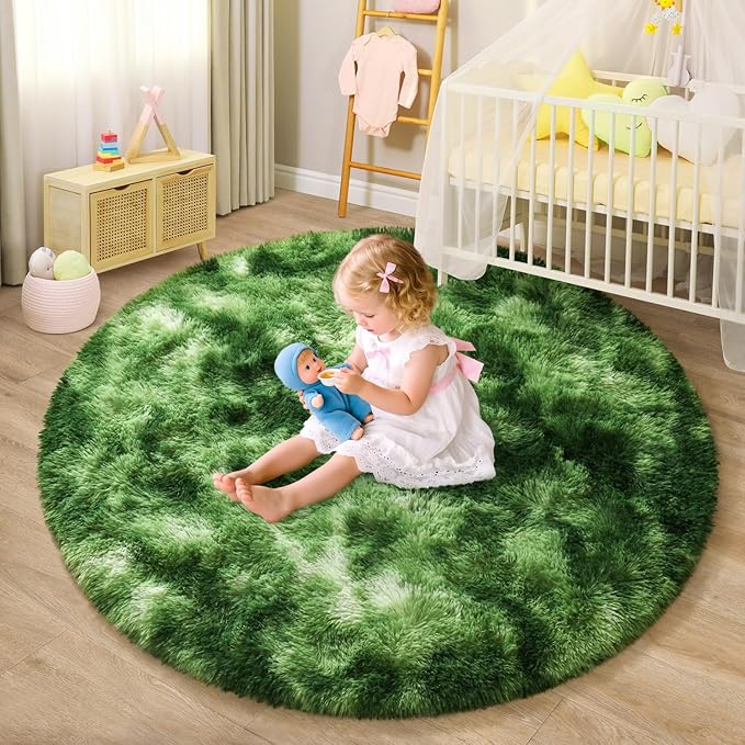 EVOIONOS Tie-Dyed Green Round Rug Bedroom, 4x4 Ft Fluffy Soft Circle Area Rugs Living Room, Plush Shaggy Circular Carpet Indoor Floor Bedside Kids Nursery, Machine-Washable Home Decor Aesthetic