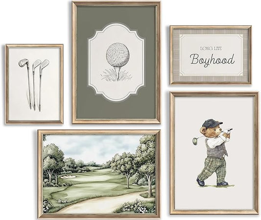 Vintage Golf Nursery Wall Art Retro Sport Kids Room Canvas Wall Decor Teddy Bear Pictures Sage Green Antique Posters Baby Animal Painting Print Artwork for Baby Boy Girl Room Playroom, Unframed
