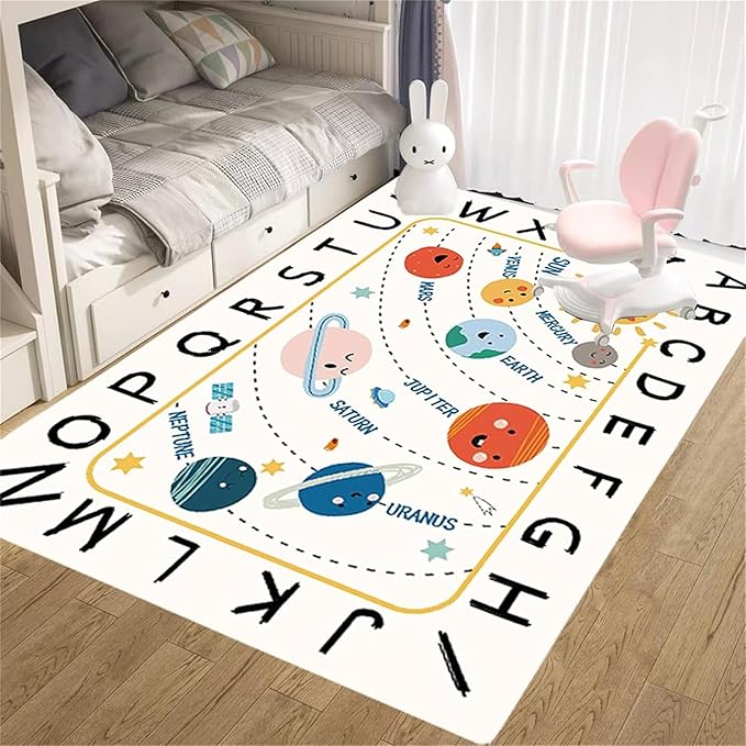 Solar System Kids Rug, Alphabet and Planet Carpet for Playroom 4x6, Children's Educational Play Mat ABC Rugs, Outer Space Play Rug