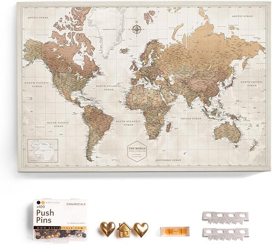 Canvas World Map with Cork Pin Board - English Lettering - Decorative Wall Decoration for All Rooms - Canvas Pictures with World Map Motif (90x60 cm, Pattern 16)