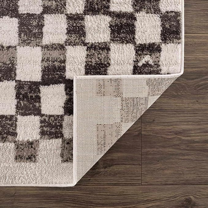 Hauteloom Benjy Living Room, Checkered Bedroom Area Rug - Farmhouse - Cream, Charcoal - 5'3" x 7'