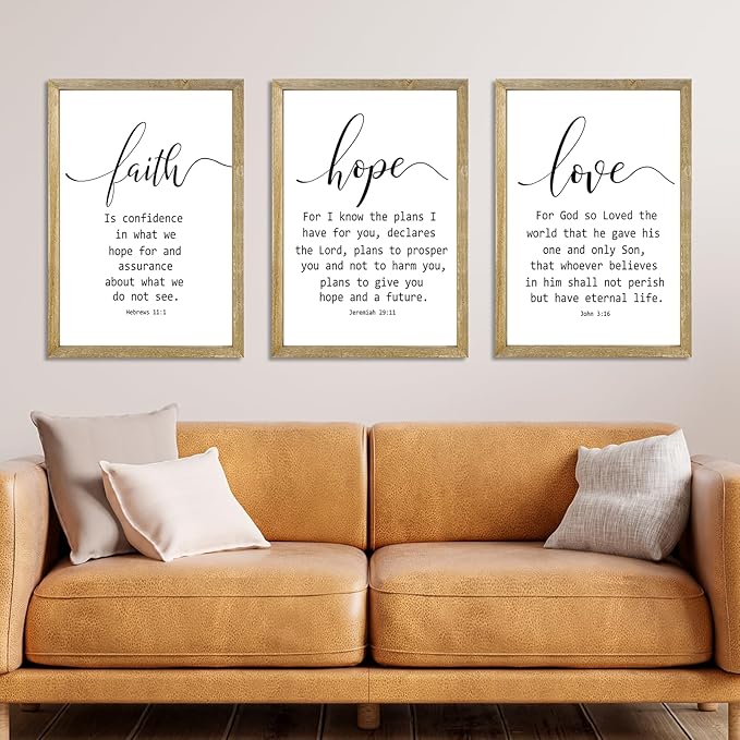 Faith Hope and Love Bible Verses Wall Decor Sign 16x11Inch Wood Framed Set of 3 Farmhouse Living Room Christian Faith Scripture Art Inspirational Religious Quote Love Wall Hanging (Wood)