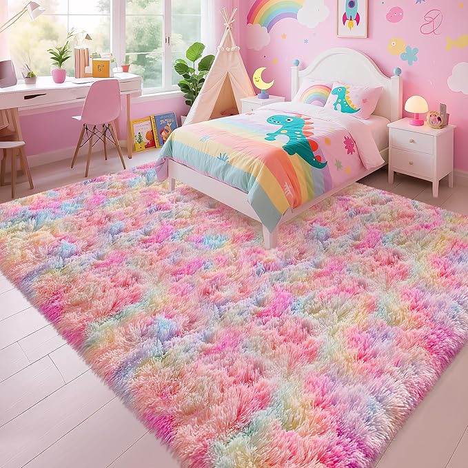 Soft Fluffy Area Rug 8x10 Plush Rainbow Rugs for Girls Bedroom Shaggy Carpet Kawaii Unicorn Rug for Living Room Fuzzy Nursery Rug for Baby's Toddler's Room Cute Colorful Room Decor for Kids