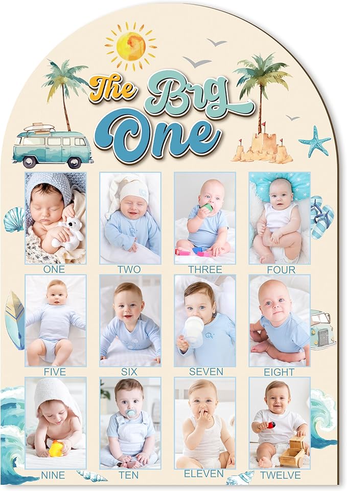 R HORSE My First Year Photo Display Wood Board - Baby’s First Year Picture Frame, 12 Months Milestone Board, 3D Summer Beach Neutral Baby Keepsake Gift One Year Old Birthday Nursery Decor for Girl Boy