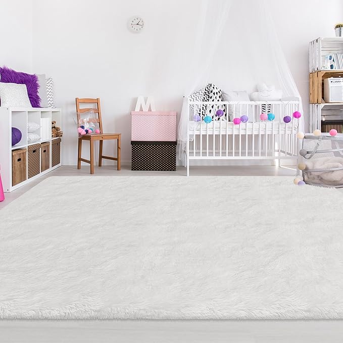 Fluffy White Area Rug for Living Room Bedroom Large Plush Area Rug 6x9 Shag Carpet for Kids Girls Boys Room, Soft White Fuzzy Rug for Nursery Playroom Dorm Bedside Home Decor Indoor