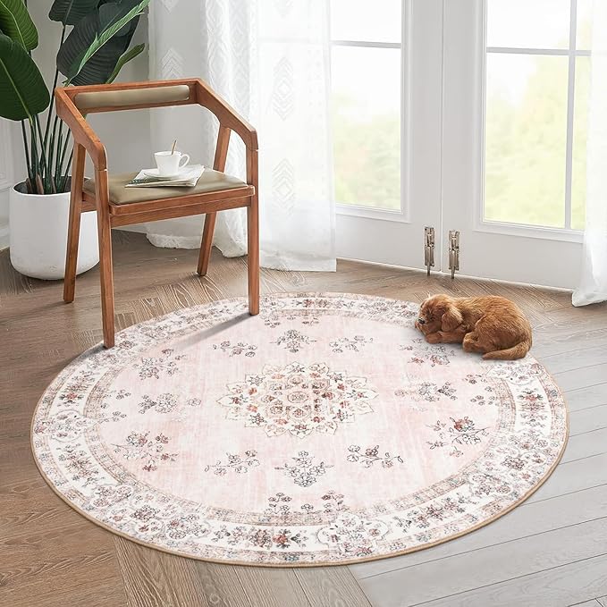 Lahome Washable Pink Round Rug 4ft, Soft Europe Vintage 4x4 Circle Rug for Nursery Girls Bedroom, Non-Slip Floral Pastel Circular Carpet for Living Room Indoor Floor Home Office Decor