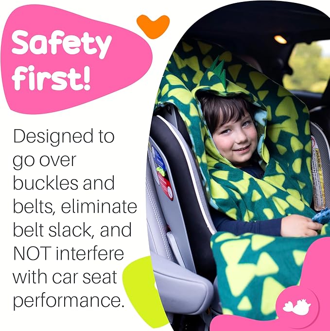 Birdy Boutique Car Seat Poncho for Kids – Safe to Use Over Seat Belts – Reversible Warm and Cozy Blanket – Easy on Easy Off and Doesn’t Impact Car Seat Performance – Green Dinosaur – One Size