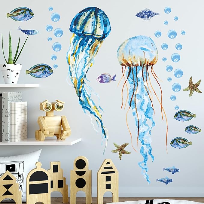 Creative Watercolor Jellyfish Wall Sticker Under The Sea Wall Decals Peel and Stick Removable Bubble Fish Starfish DIY Art Décor for Kids Girls Bedroom Living Room Bathroom Window Wall Decoration