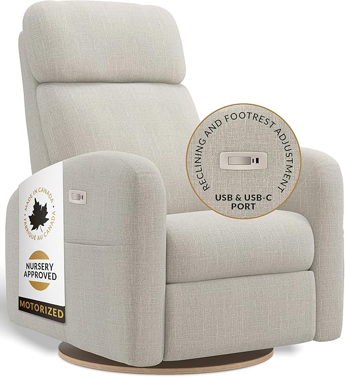 Jaymar Hailey Modern Nursery Glider Recliner Chair (Motorized) – Cozy Nursing Chair with 180° Swivel for New Parents, High Back & Low Armrests, Adjustable headrest, Canadian Made (Nubia Ivory)
