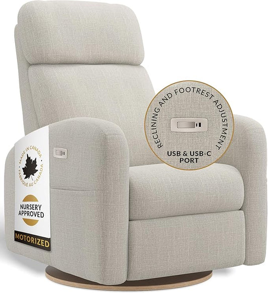 Jaymar Hailey Modern Nursery Glider Recliner Chair (Motorized) – Cozy Nursing Chair with 180° Swivel for New Parents, High Back & Low Armrests, Adjustable headrest, Canadian Made (Nubia Ivory)