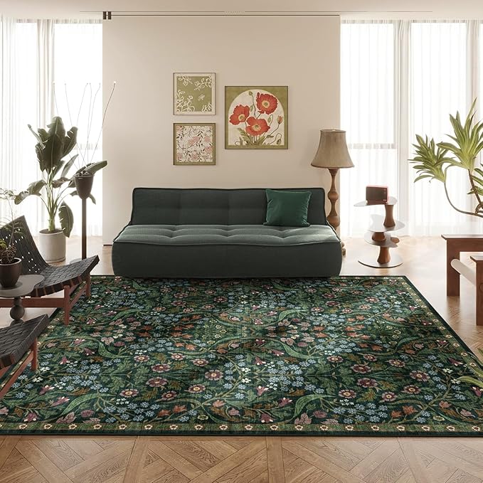 8x10 Washable Area Rug for Living Room, Floral Non-Slip Non-Shedding & Easy Care, Large Soft Low Pile Botanical Indoor Floor Carpet for Living Room, Bedroom, Dining Room, Nursery, Green