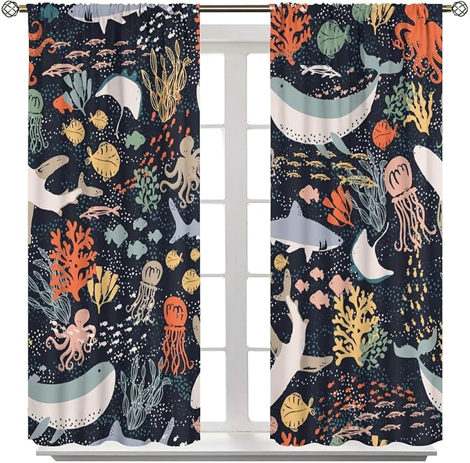 Sea Animals Curtain Cartoon Fish，Undersea Cute Whales Dolphin Underwater Wild Life Blue Ocean Boys Girls Waterproof Polyester Fabric Bedroom Decoration Set 2 Panels,42x54 Inches