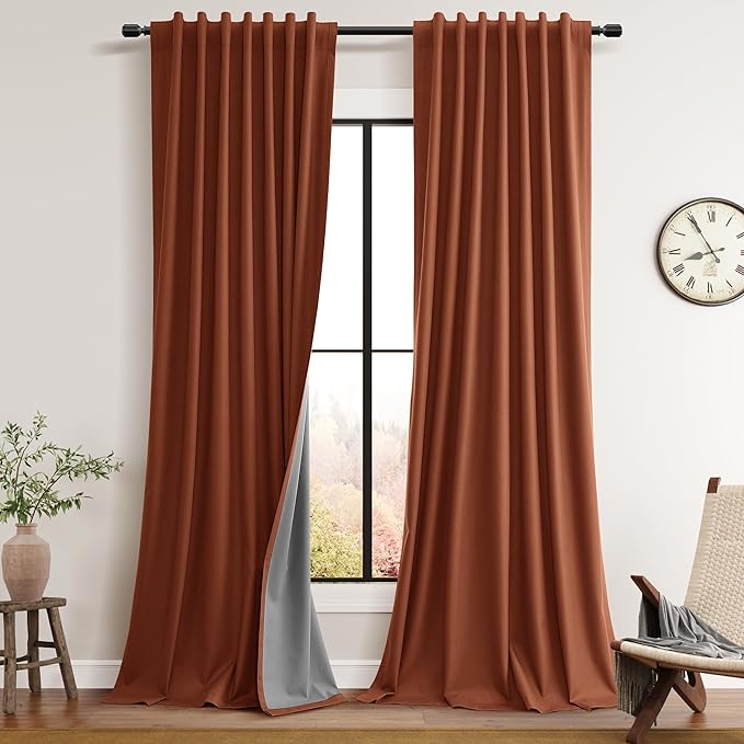 Guken Terracotta Linen 100% Black Out Curtains 102 Inch Long for Living Room Bedroom 2 Panels Set Linen Textured Room Darkening Thermal Insulated Soundproof Back Tab Hook Belt Sorrel Drapes 52x102