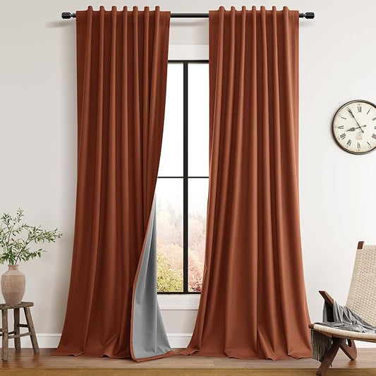 Guken Terracotta Linen 100% Blackout Curtains 90 Inches Long for Living Room 2 Panels Set Linen Textured Black Out Thermal Insulated Soundproof Privacy Back Tab Hook Belt Sorrel Backdrop Drapes 52x90