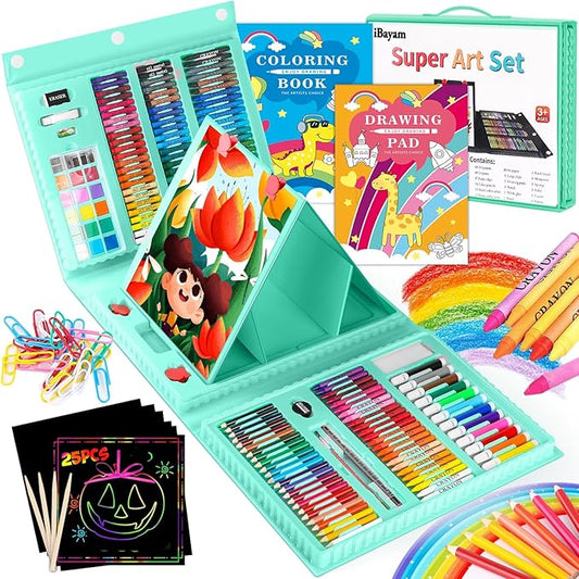 iBayam Back to School Supplies for Kids Teen Girls Boys, Art Set Case with Trifold Easel, Scratch Paper, Sketch Pad, Coloring Book, Crayons, Pencils, Oil Pastels, Watercolors, Sharpener