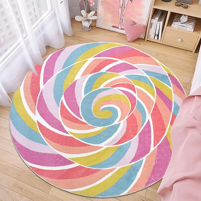 Kids Rug Play Mat 4Ft Round Rainbow Lollipop Girls Bedroom Carpet Circle Candy Nursery Mat Playroom Rug for Children Crawling, Candyland Party Decorations