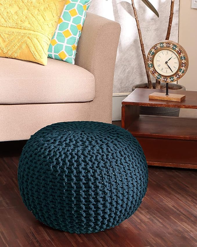REDEARTH · Round Pouf Bean Bag Ottoman - Foot Stool Hand Knitted - Home Decor Pouffe Stuffed - Cable Boho Poof Beanbag Footrest for Living Room - Nursery - Bedroom - Patio (19.5"x19.5"x14") - Teal