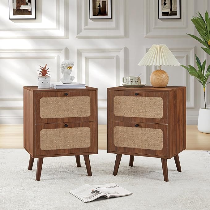 16" Wood Nightstand Set of 2, Farmhouse End Table with 2 Storage Drawer, Mid-Century Modern Bedside Table with Linen Decor, Minimalist Night Stand for Living Room, Bedroom & Small Space (Walnut)
