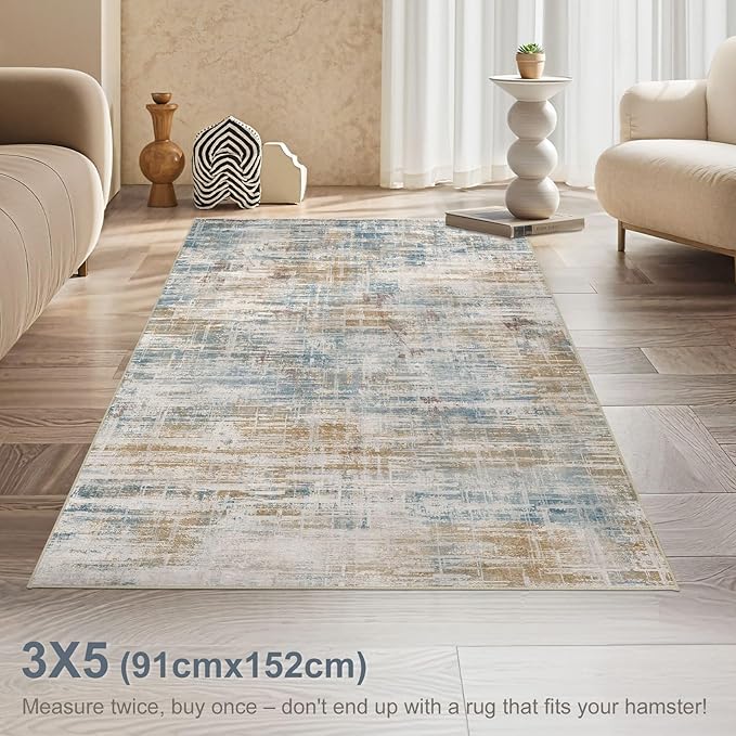 Area Rug for Living Room: 3x5 Washable Neutral Abstract Modern Soft Rugs Non Slip Indoor Floor Stain Resistant Carpet for Bedroom Dining Room Office Nursery - Blue Brown